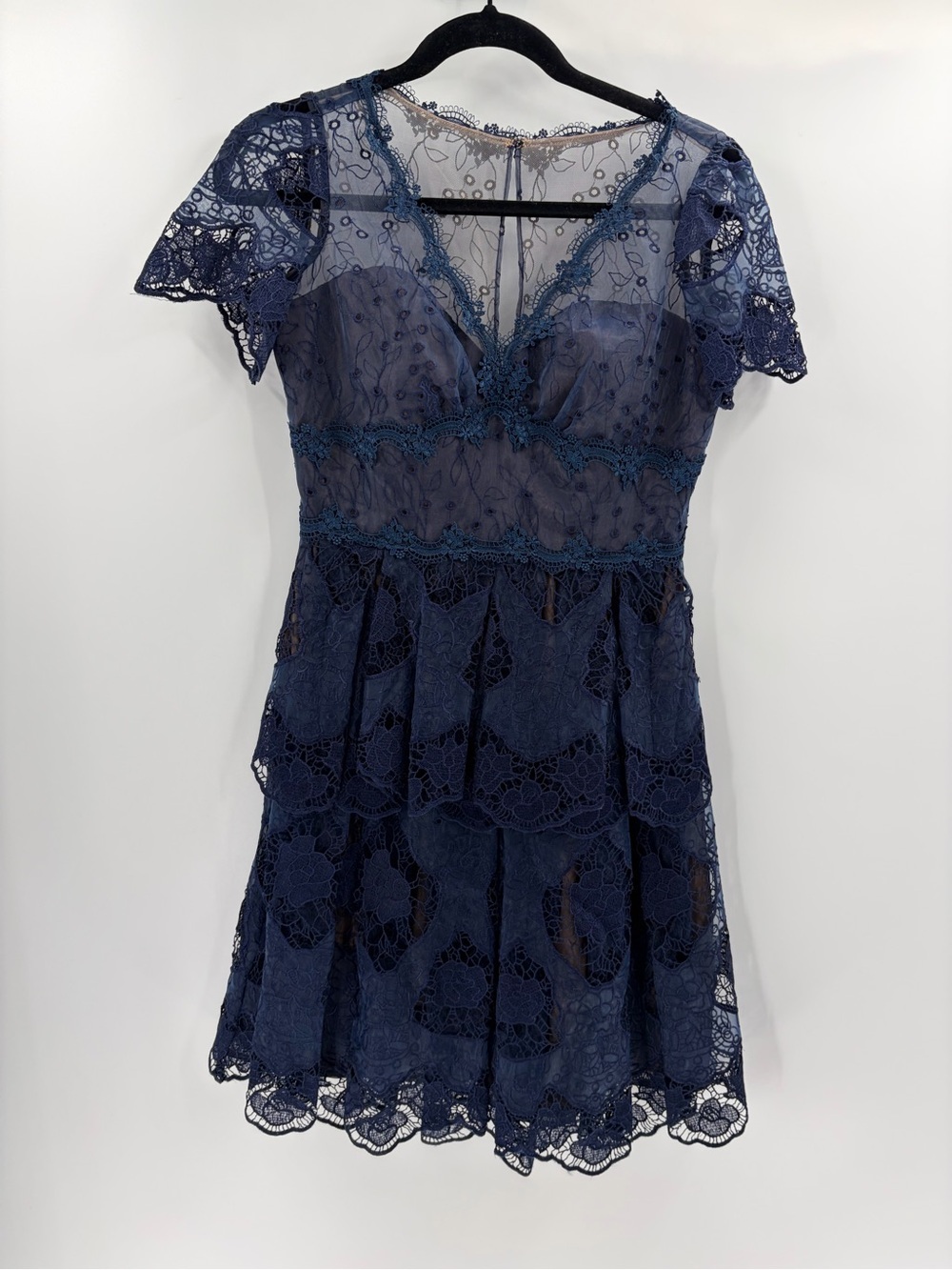 Marchesa Notte blue lace bohemian boho v-neck cocktail sheer mini dress size 4